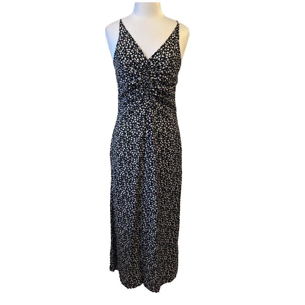 Gap Black White Ditsy Floral Ruched Slip Midi Dress‎ Womens M Tall Boho Strappy